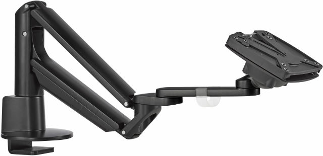 The Novus CLU Plus monitor arm in black at its lowest viewing level.