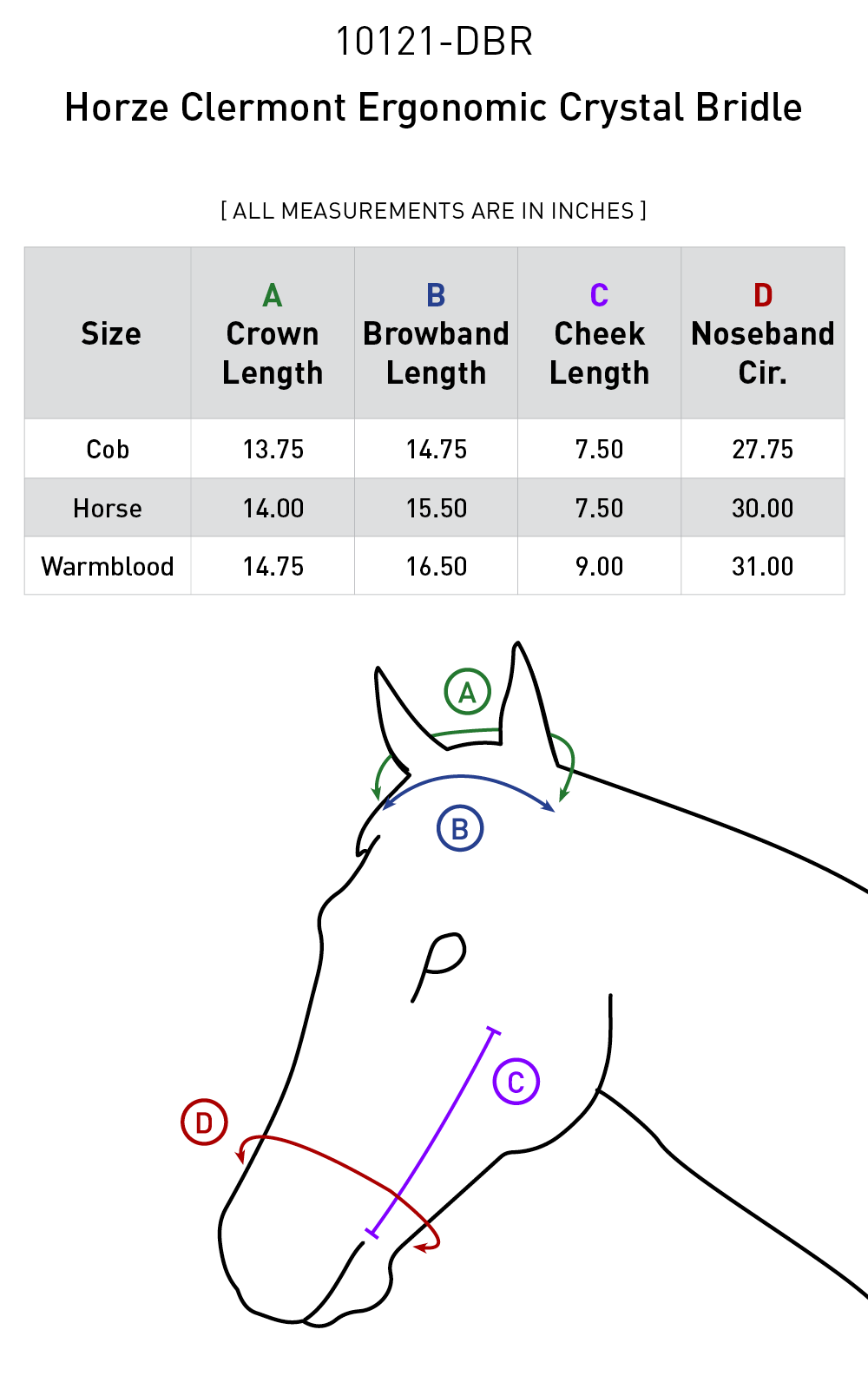 Size chart for Horze Clermont Ergonomic Crystal Bridle - Dark Brown