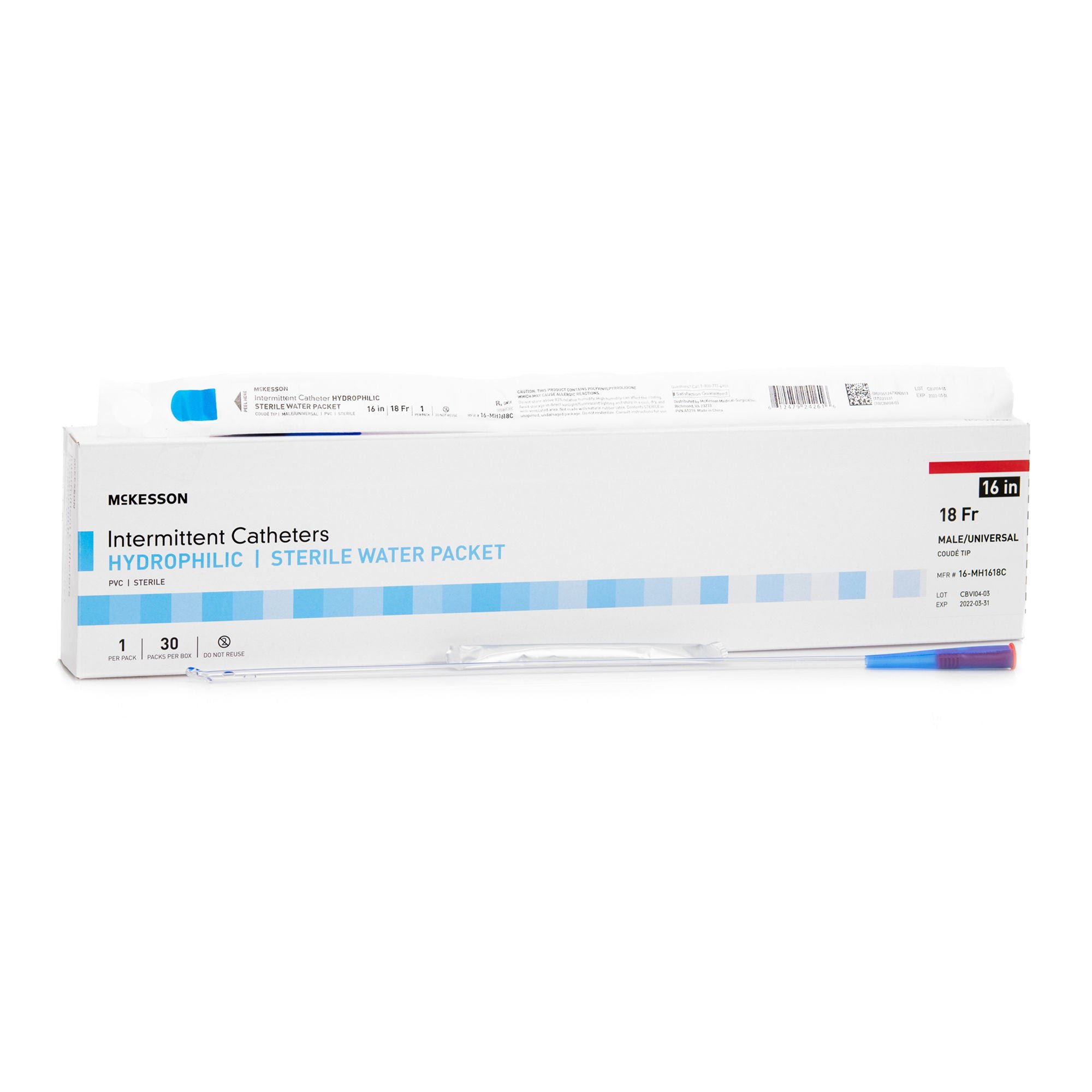 McKesson Brand CATHETER, URETH COUDE TIP HYDROPHILIC 18FRX16" (30/BX)