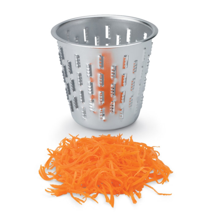 King Kutter™ manual food processor with suction cup base and shredder-cut, string-cut, and thin-slice-cut cones
