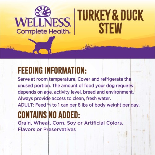 <p>Amount of food required will depend on activity, age, environment and breed. Feed at room temperature and refrigerate unused portion. Always provide access to clean, fresh water.  </p>
<p>Adult: Feed ¾ can per 8 lbs of body weight per day<br />
Combination Feeding: If feeding with Wellness dry food, reduce dry amount fed by 1/2 cup for every 6 oz of wet food.</p>

