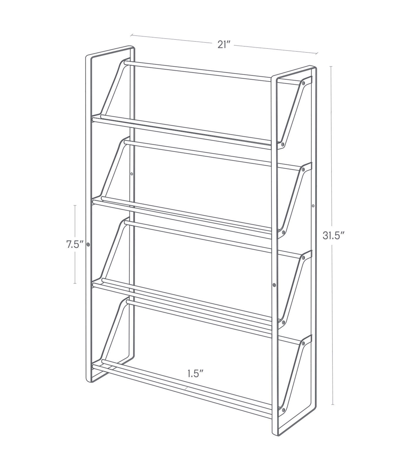 Dimension image for Slim Shoe Rack showing a total length of 21 inches, width of 7 inches and height of 31.5 inches. Space between tiers are 7.5 inches and between rungs 1.5 inches.