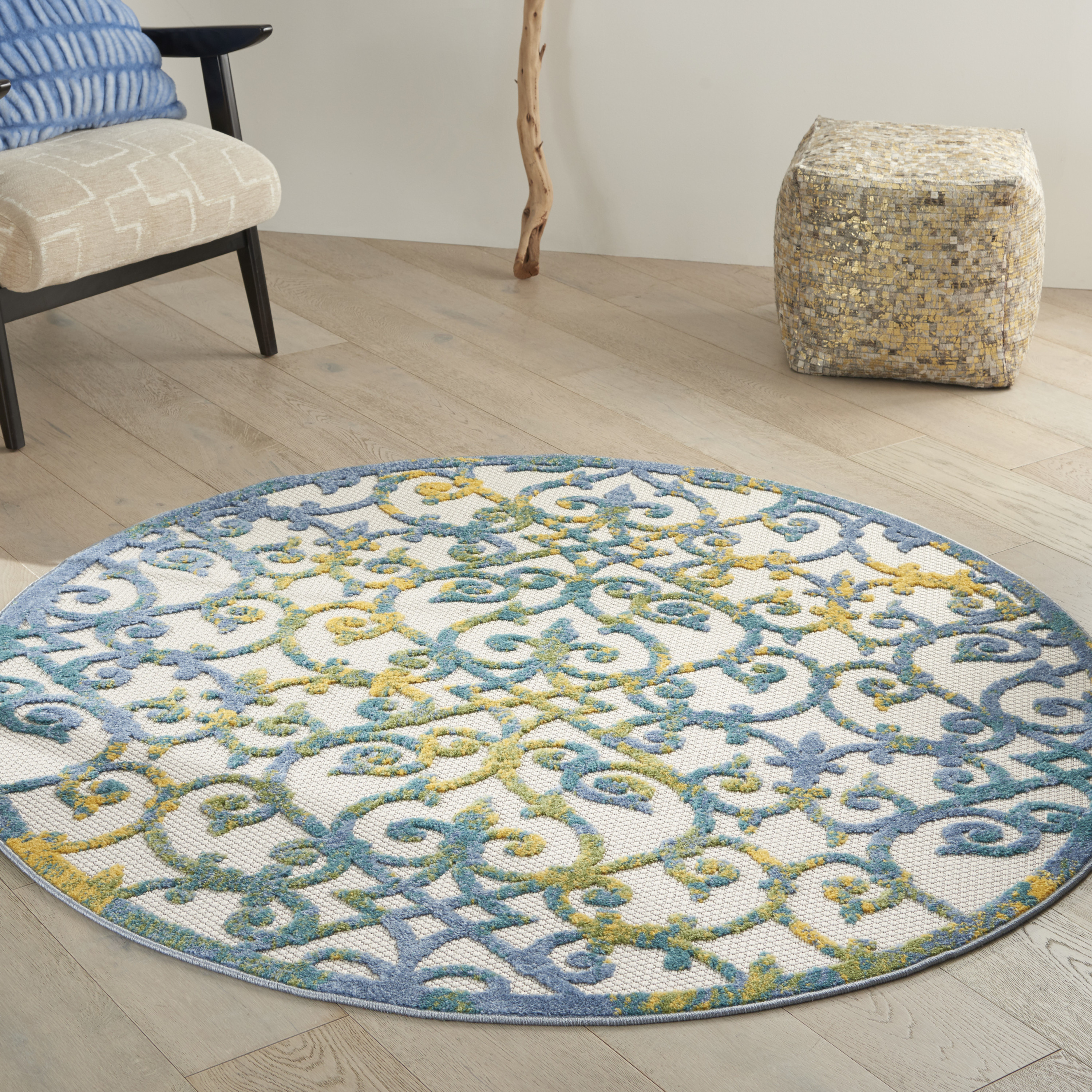 Nourison Aloha 5'3" x Round Ivory Blue Contemporary Rug