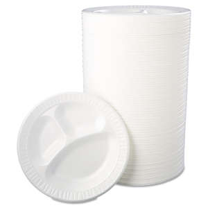 Dart, Quiet Classic® Laminated Foam Dinnerware, 3-Compartment Plate, 10.25" dia, White