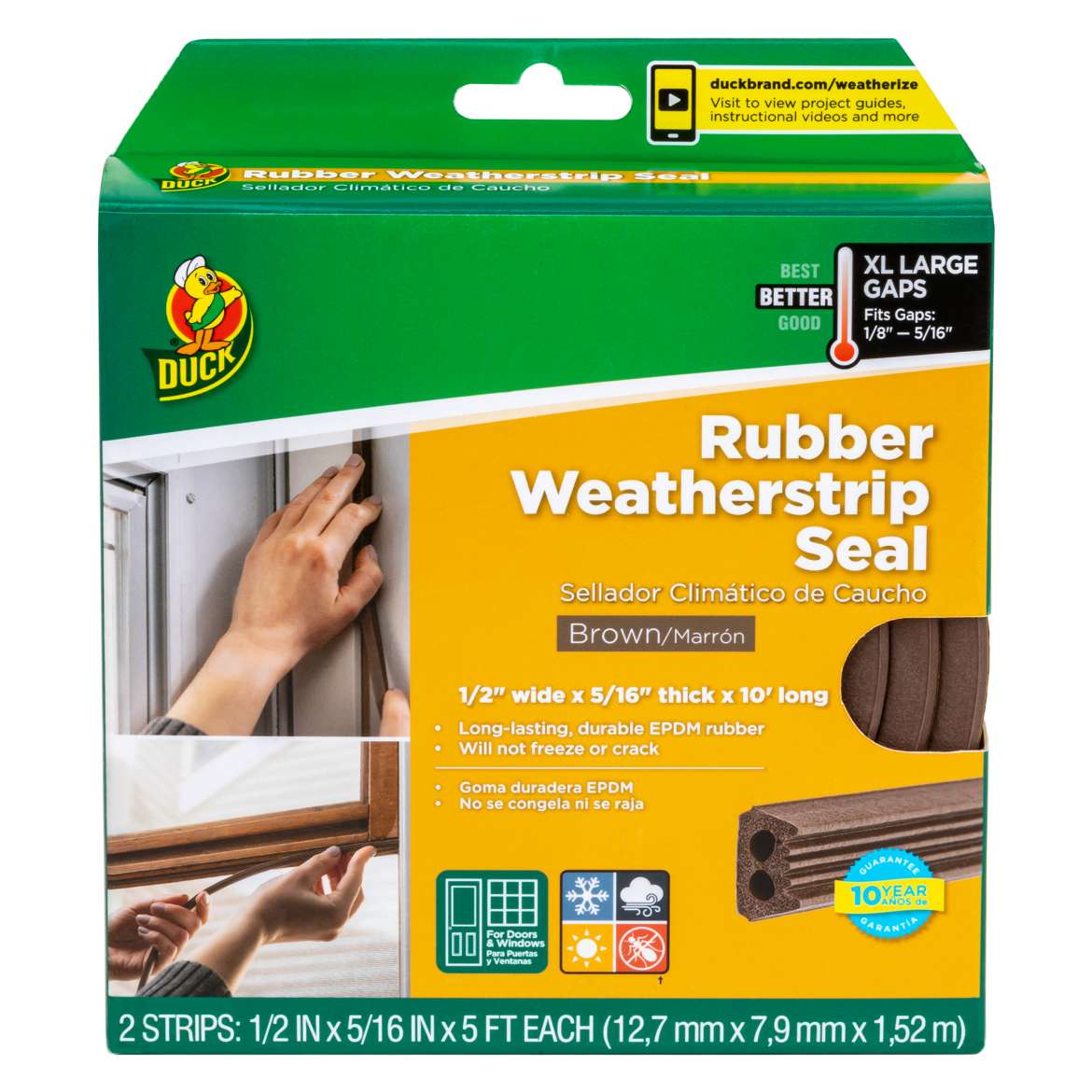 Duck® Brand Heavy-Duty Weatherstrip Seal - Extra Large Gap, Brown, .5 in. x .31 in. x 10 ft.