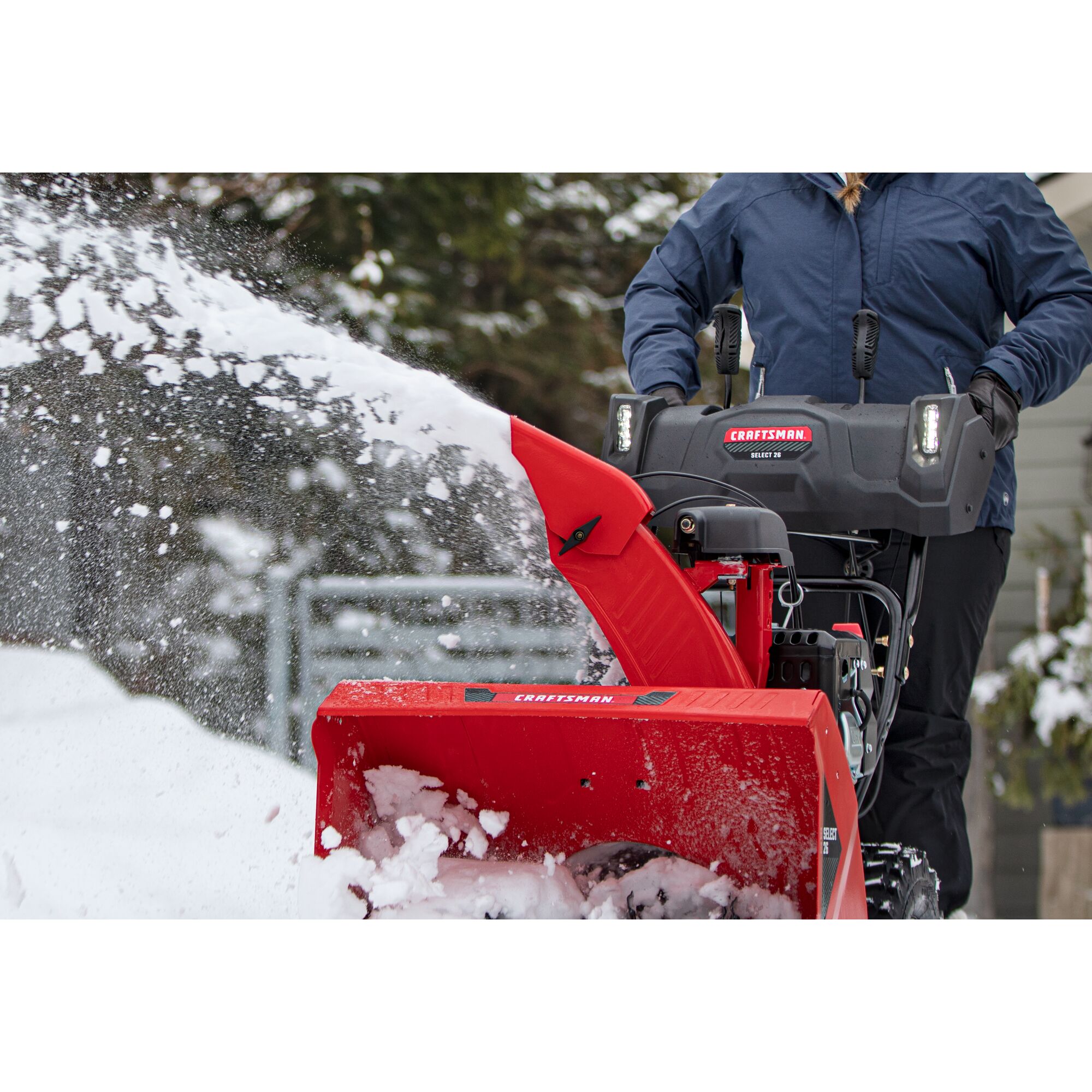 CRAFTSMAN Select 26 Snowblower clearing snow focused on snow coming out of chute