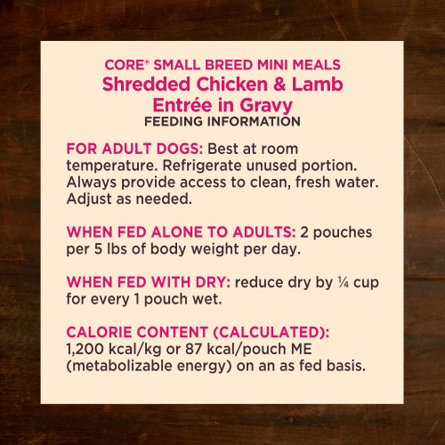 <p>For adult dogs. Best at room temperature. Refrigerate unused portion. Always provide access to clean, fresh water. Adjust as needed. When fed alone to adults: 2 pouches per 5 lbs of body weight per day. When fed with dry: reduce dry by ¼ cup for every 1 pouch wet.</p>
