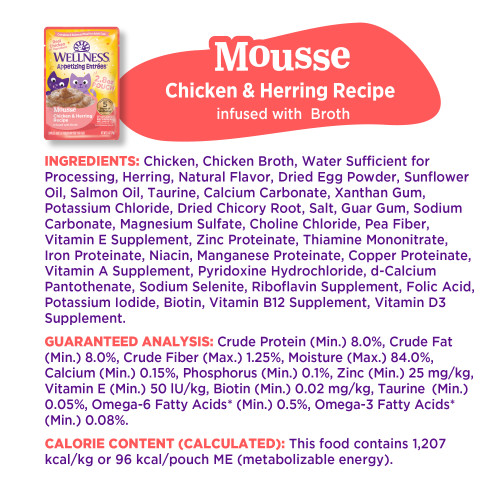 <p>Chicken, Chicken Broth, Water Sufficient for Processing, Herring, Natural Flavor, Dried Egg Powder, Sunflower Oil, Salmon Oil, Taurine, Calcium Carbonate, Xanthan Gum, Potassium Chloride, Dried Chicory Root, Salt, Guar Gum, Sodium Carbonate, Magnesium Sulfate, Choline Chloride, Pea Fiber, Vitamin E Supplement, Zinc Proteinate, Thiamine Mononitrate, Iron Proteinate, Niacin, Manganese Proteinate, Copper Proteinate, Vitamin A Supplement, Pyridoxine Hydrochloride, d-Calcium Pantothenate, Sodium Selenite, Riboflavin Supplement, Folic Acid, Potassium Iodide, Biotin, Vitamin B12 Supplement, Vitamin D3 Supplement.									</p>
