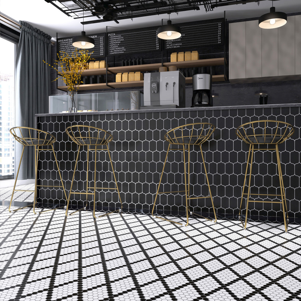 Metro 1″ Hex Matte White w/Black Diamond 10-1/4 in. x 11-7/8 in. Porcelain Mosaic Tile