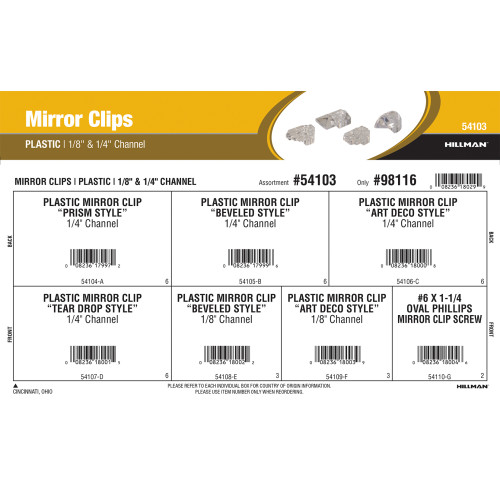Plastic Mirror Clips Assortment (1/8" & 1/4" Channel) Mirror