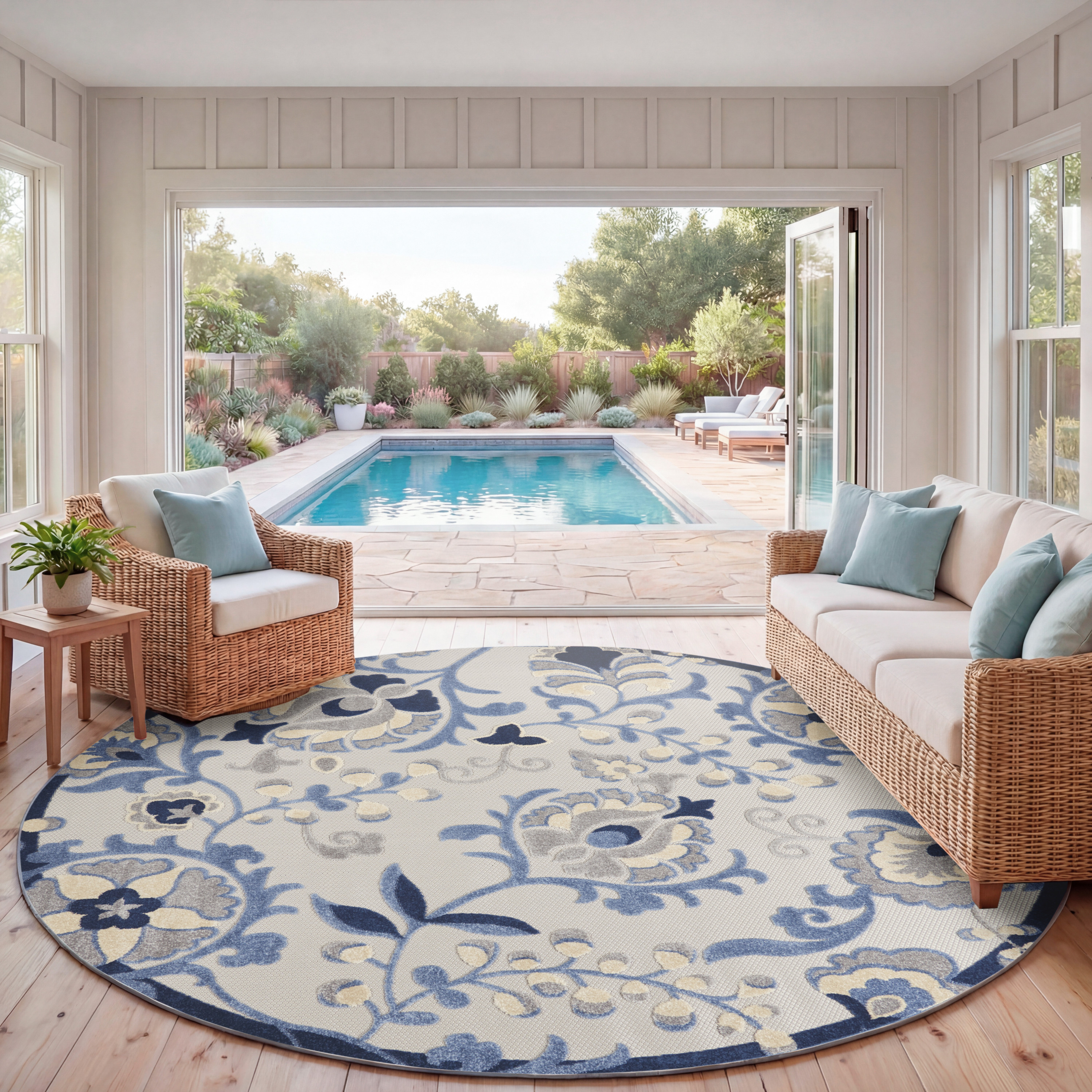 Nourison Aloha 7'10" x Round Blue Grey Farmhouse Rug