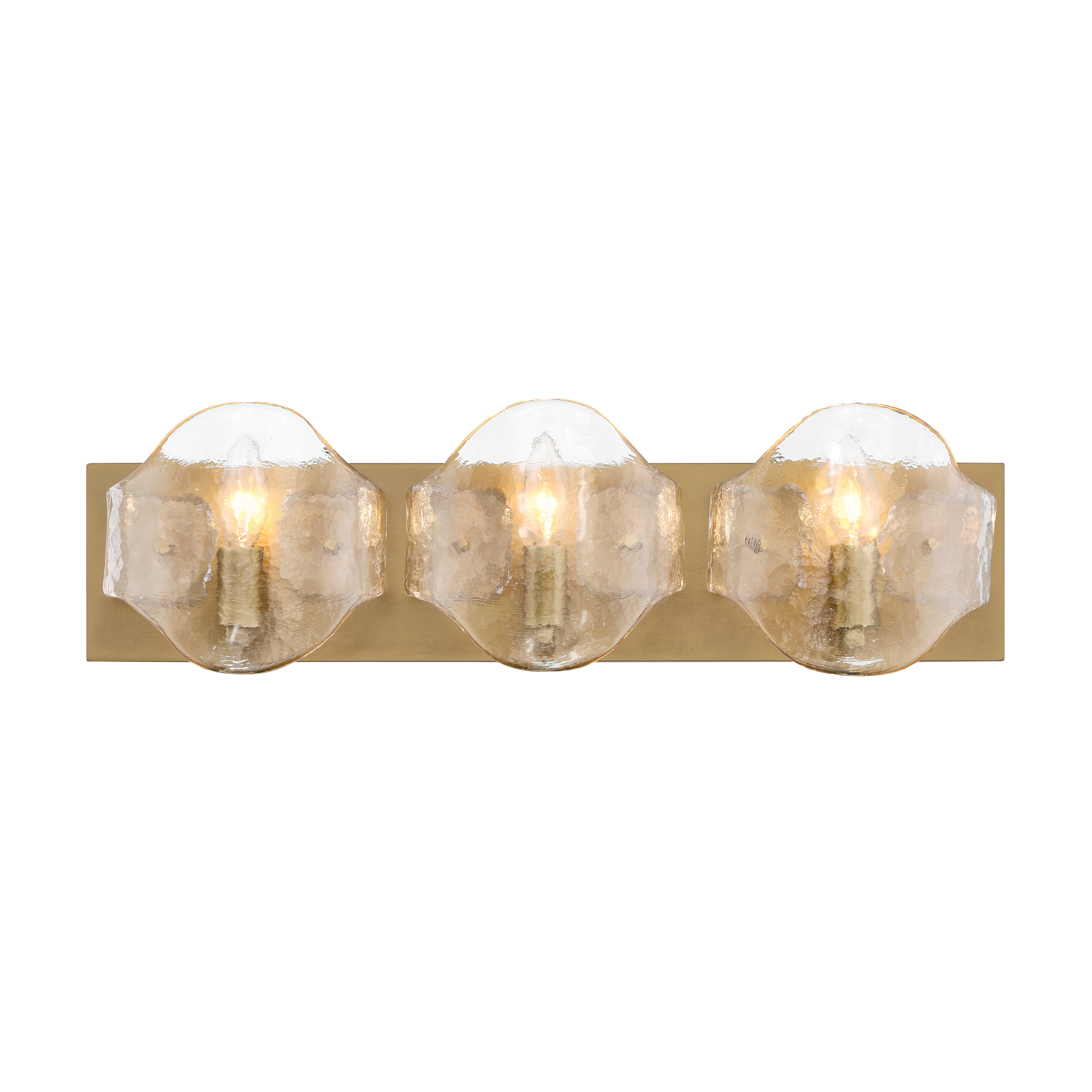 The Elora 3-light vanity combines contemporary styling with artisanal craftsmanship. Its 23-inch width makes it ideal for standard bathroom vanities, while the Legacy Brass finish and textured handmade glass shades add warmth and visual interest to modern and transitional spaces. - alternate view