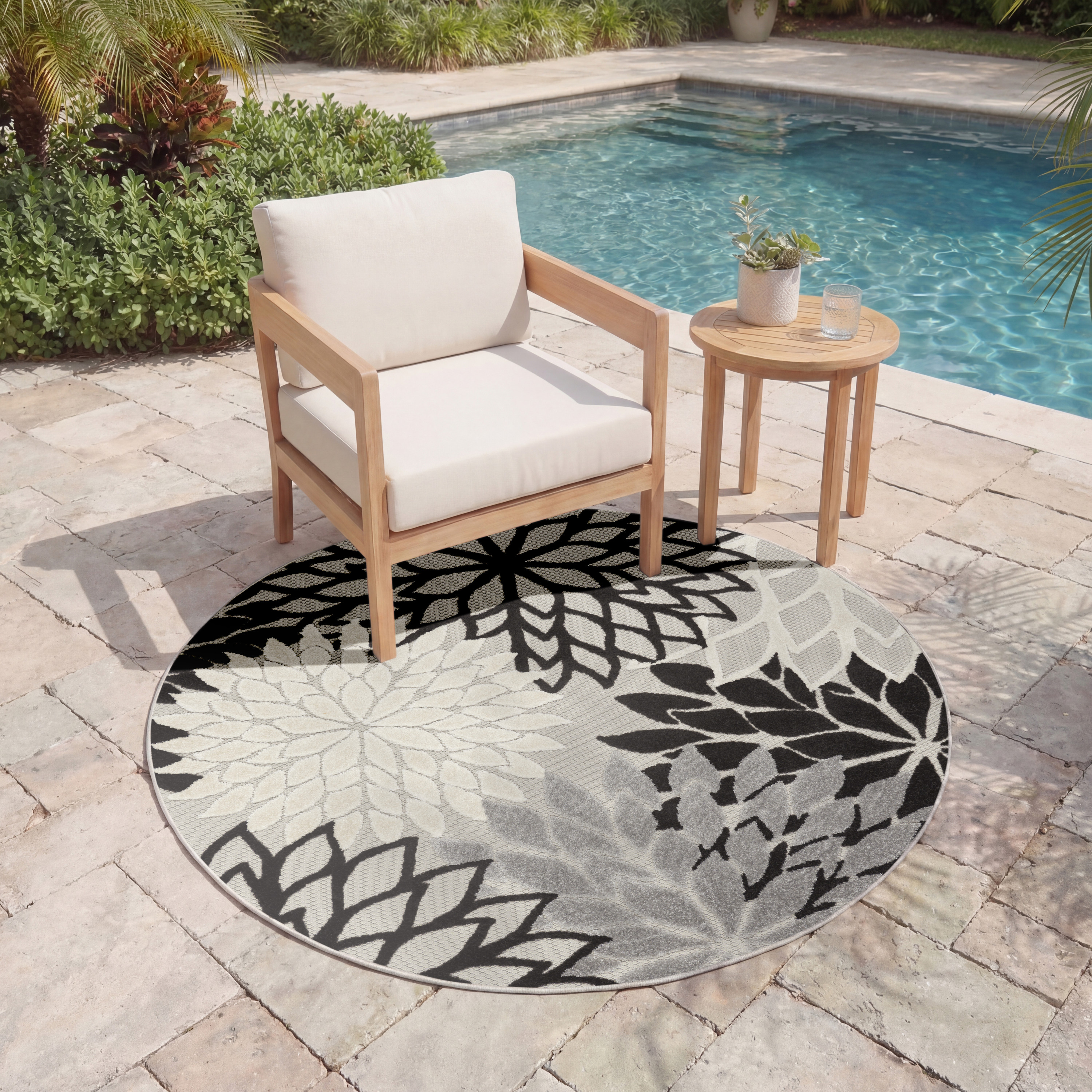 Nourison Aloha 5'3" x Round Black White Tropical Rug