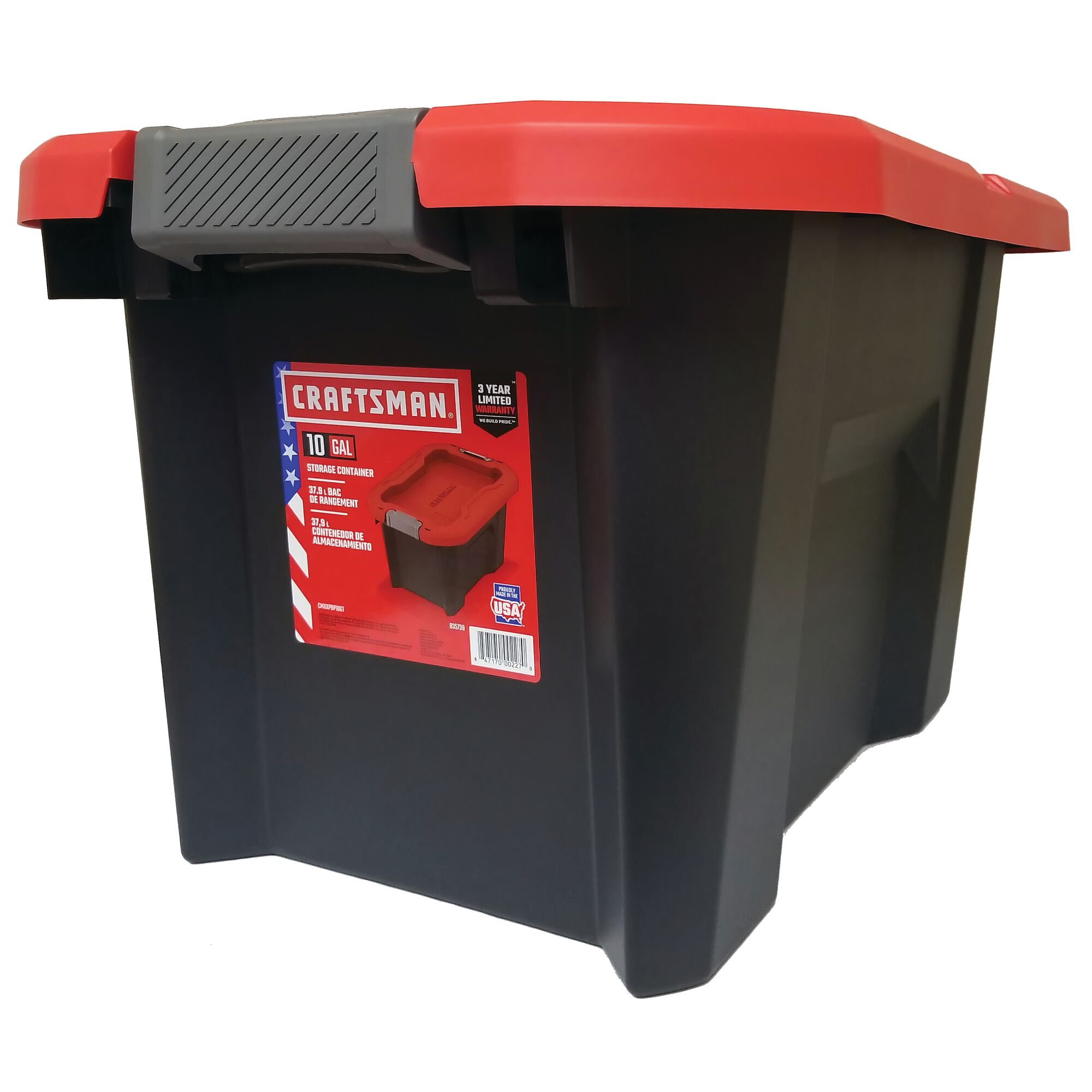 Right profile of 10 Gallon latching tote in packaging.