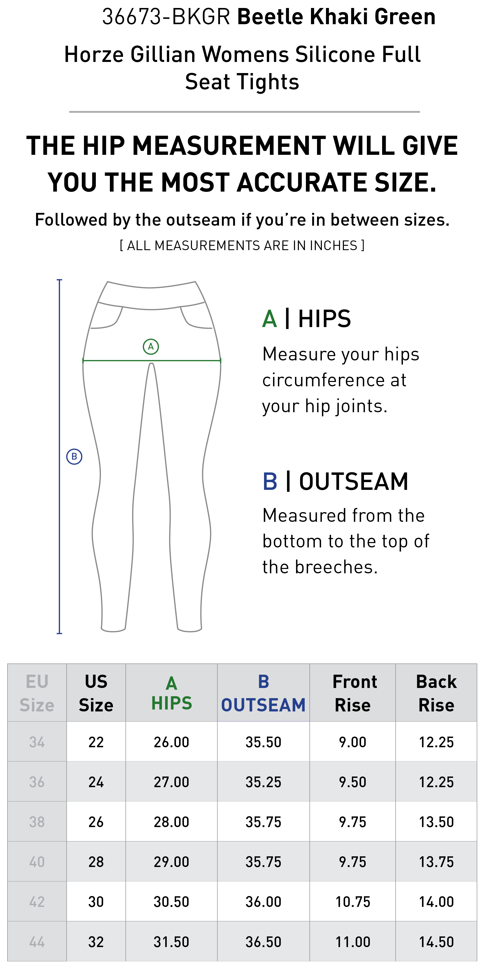 Size chart for Horze Gillian Womens Silicone Full Seat Tights - Beetle Khaki Green
