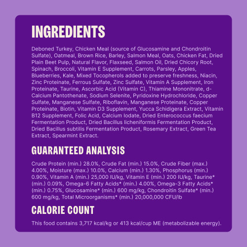 Deboned Turkey, Chicken Meal (source of Glucosamine and Chondroitin Sulfate), Oatmeal, Sorghum, Dried Yeast, Barley, Chicken Fat, Salmon Meal, Dried Plain Beet Pulp, Flaxseed, Salmon Oil, Natural Flavor, Dried Kelp, Dried Chicory Root, Potassium Chloride, Taurine, Choline Chloride, Spinach, Broccoli, Vitamin E Supplement, Carrots, Parsley, Apples, Blueberries, Kale, Mixed Tocopherols (added to preserve freshness), Niacin, Zinc Proteinate, Ferrous Sulfate, Zinc Sulfate, Vitamin A Supplement, Iron Proteinate, Vitamin C (Ascorbic Acid), Thiamine Mononitrate, d-Calcium Pantothenate, Sodium Selenite, Pyridoxine Hydrochloride, Copper Sulfate, Riboflavin, Manganese Sulfate, Manganese Proteinate, Copper Proteinate, Biotin, Vitamin D3 Supplement, Yucca Schidigera Extract, Vitamin B12 Supplement, Folic Acid, Calcium Iodate, Dried Enterococcus faecium Fermentation Product, Dried Bacillus licheniformis Fermentation Product, Dried Bacillus subtilis Fermentation Product, Rosemary Extract, Green Tea Extract, Spearmint.