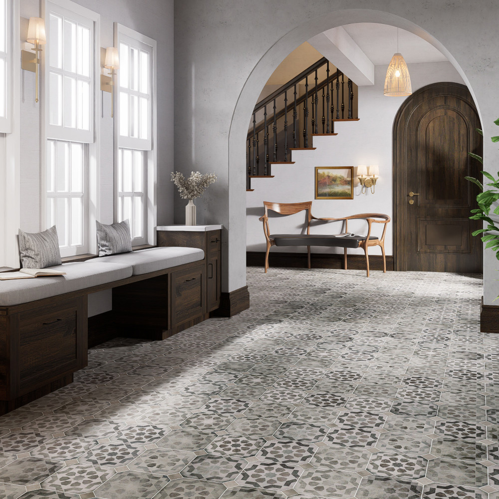 Laverton Octagon Deco Sombra with Grafito 7-7/8 in. x 7-7/8 in. Porcelain Floor and Wall Tile