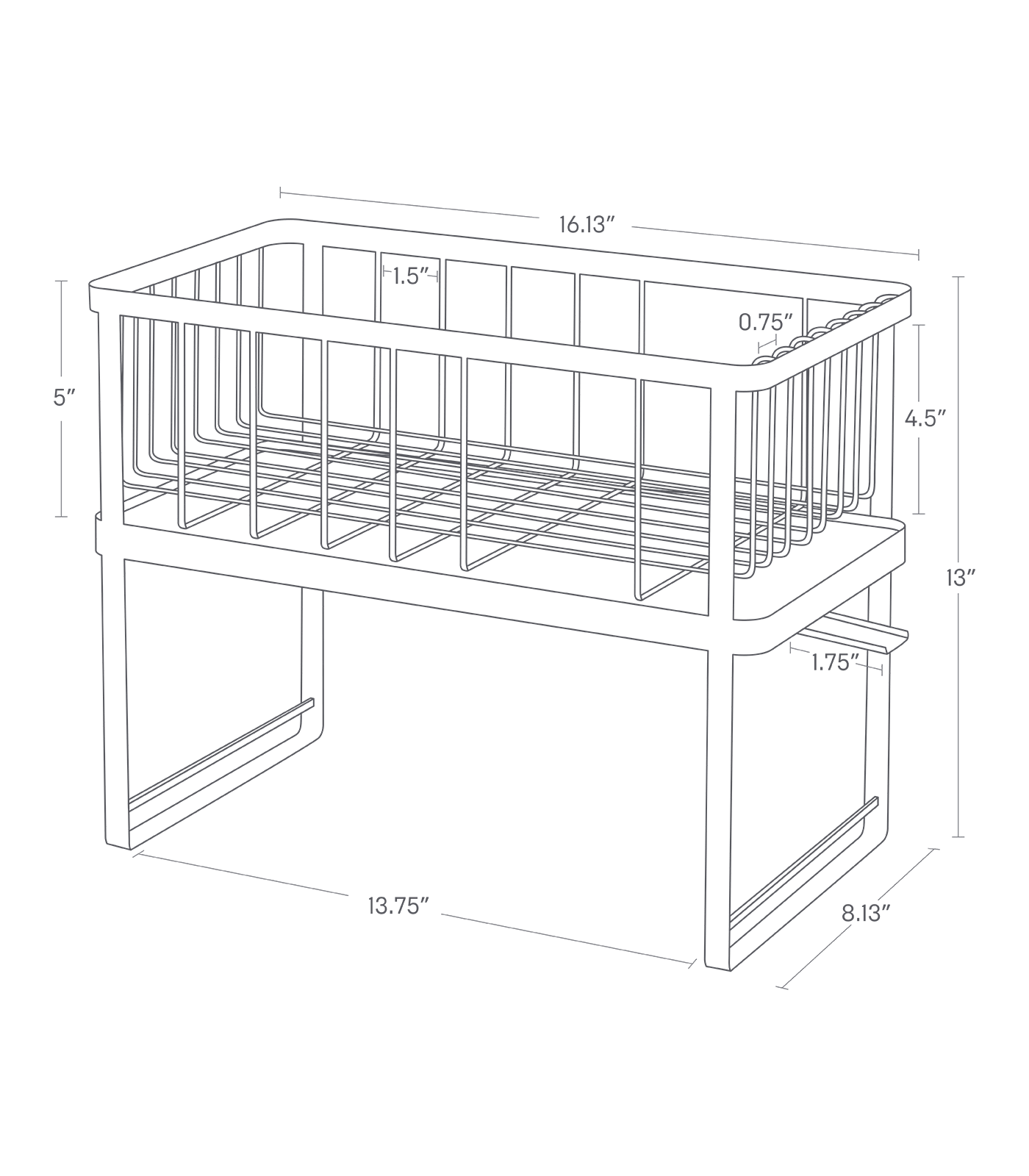 Dimension image for Two-Tier Wire Dish Rackon a white background showinglength of 16.13 inches, width of 8.13 inches, height of 13 inches.The rack is 5 inches in height, with wires spaced 1.5 inches apart in length and 0.75 inches apart in width. The drain pokes out 1.75 inches.