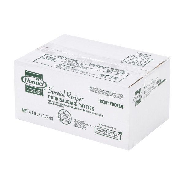 SPECIAL RECIPE(r) Sausage, Patty, 48/2 oz, 6 lb . C1RA - Front Right Closed Case (Hi Res)