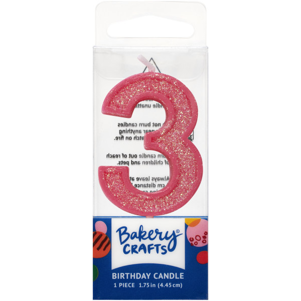 3 Mini Pink Glitter Numeral Candles