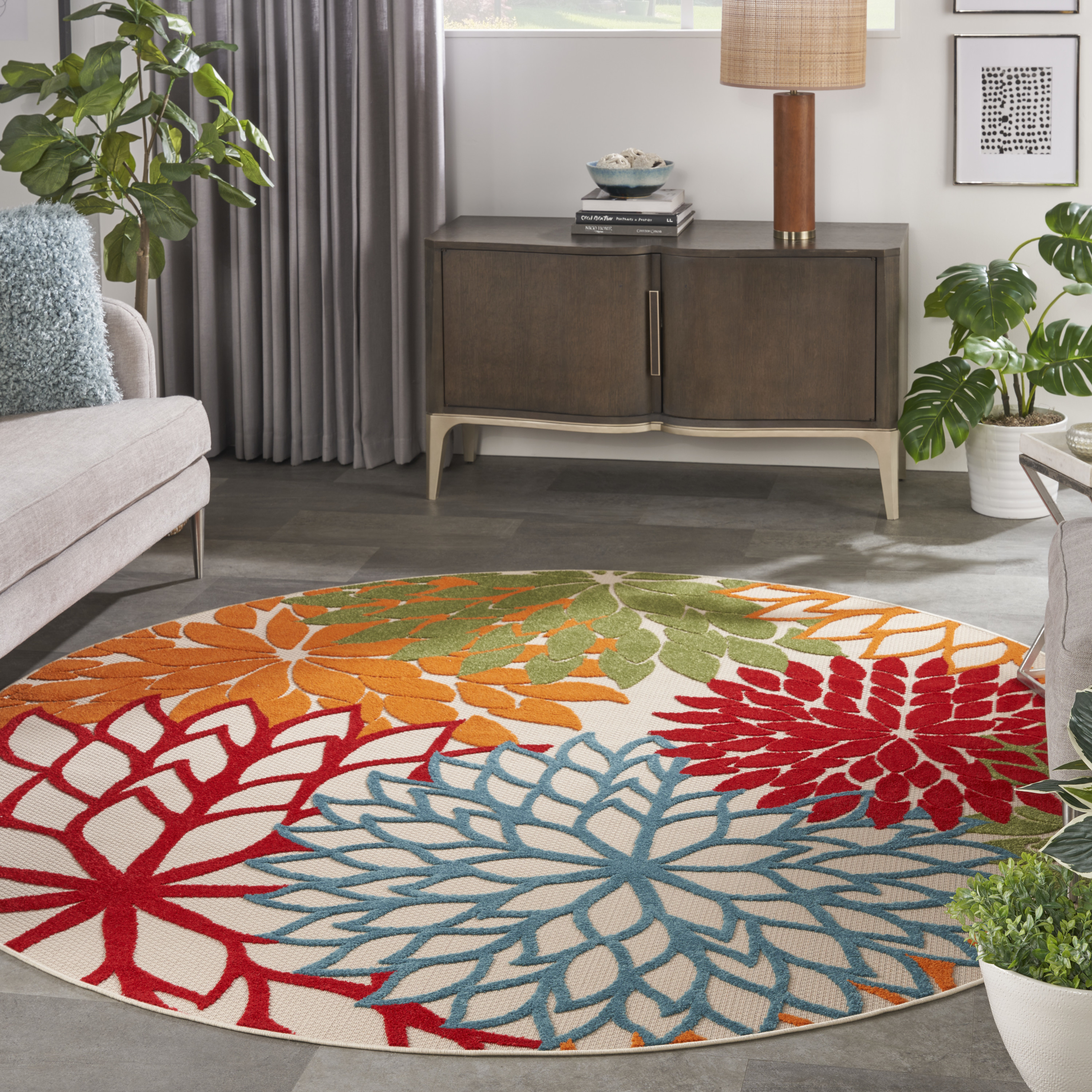 Nourison Aloha 5'3" x Round Green Tropical Rug