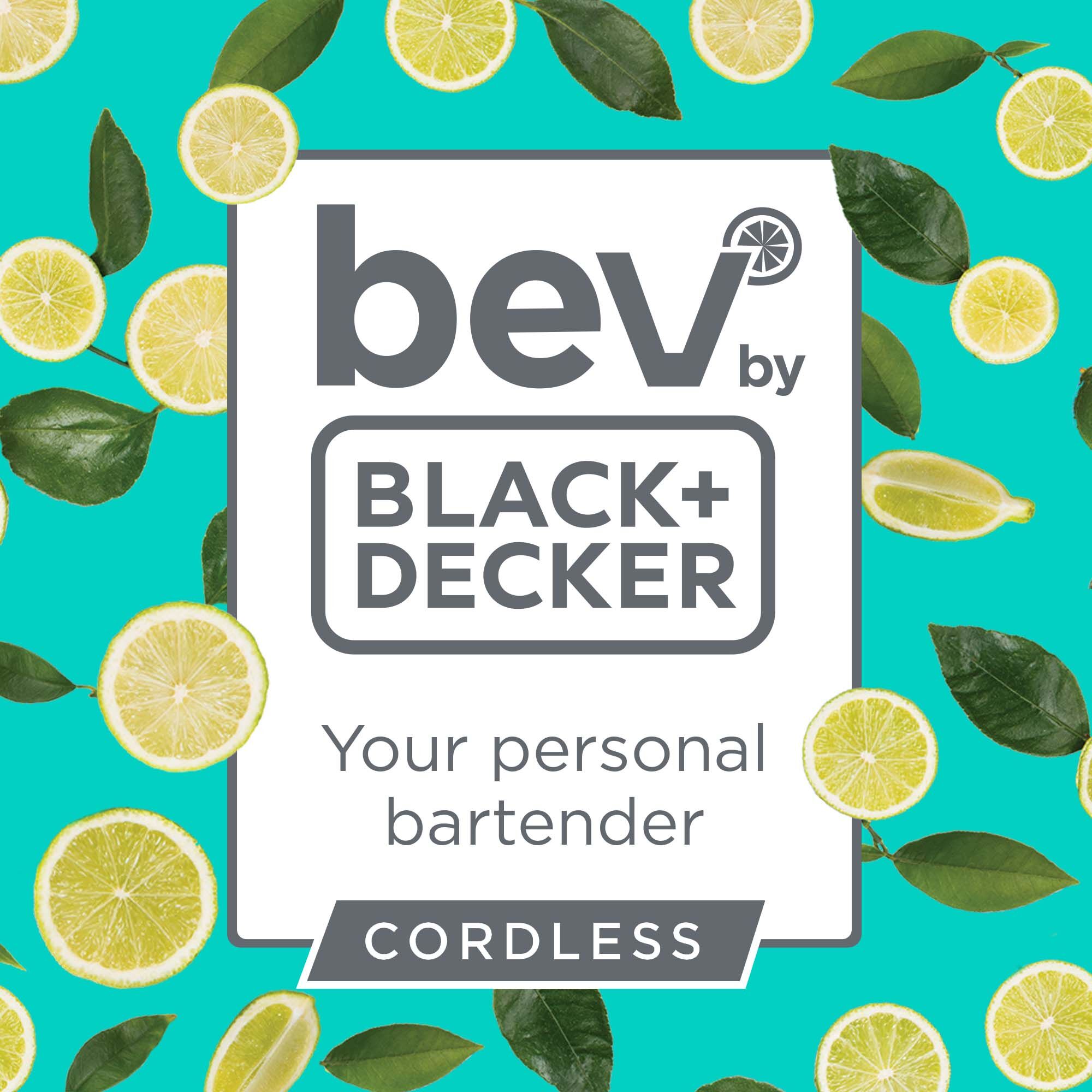 bev by BLACK+DECKER cordless cocktail maker logo on a teal background with lemon print