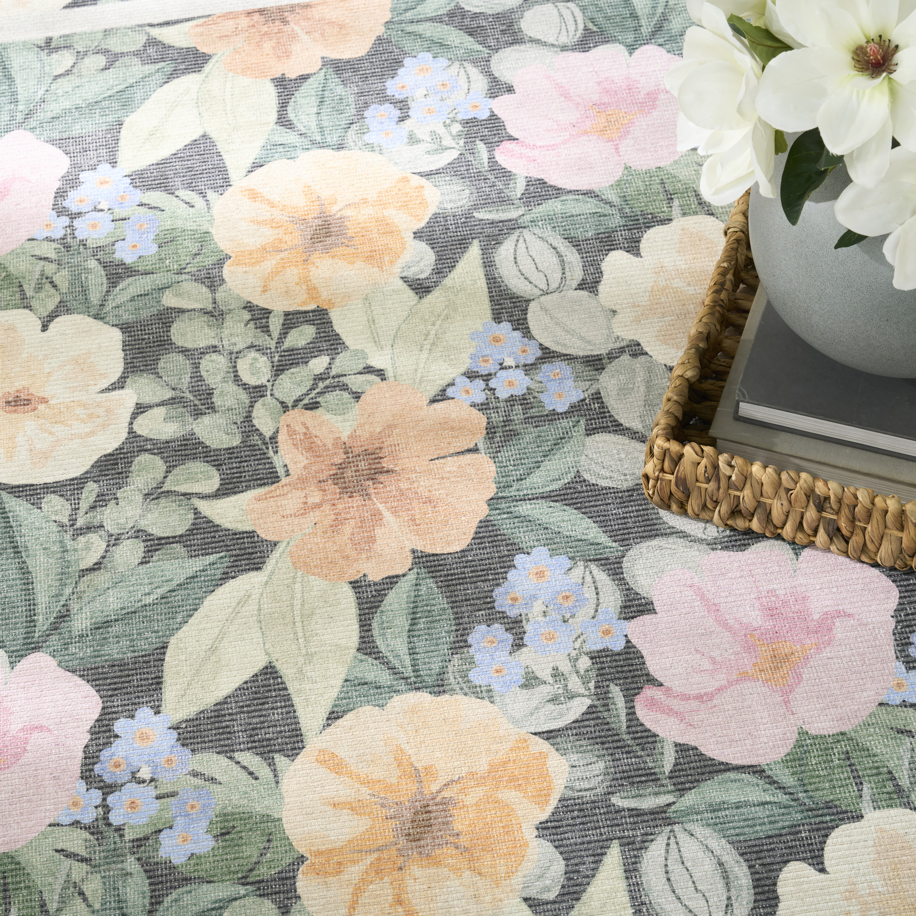 Nourison Botanical Washables 5' x 7' Charcoal Multicolor Farmhouse Indoor Rug