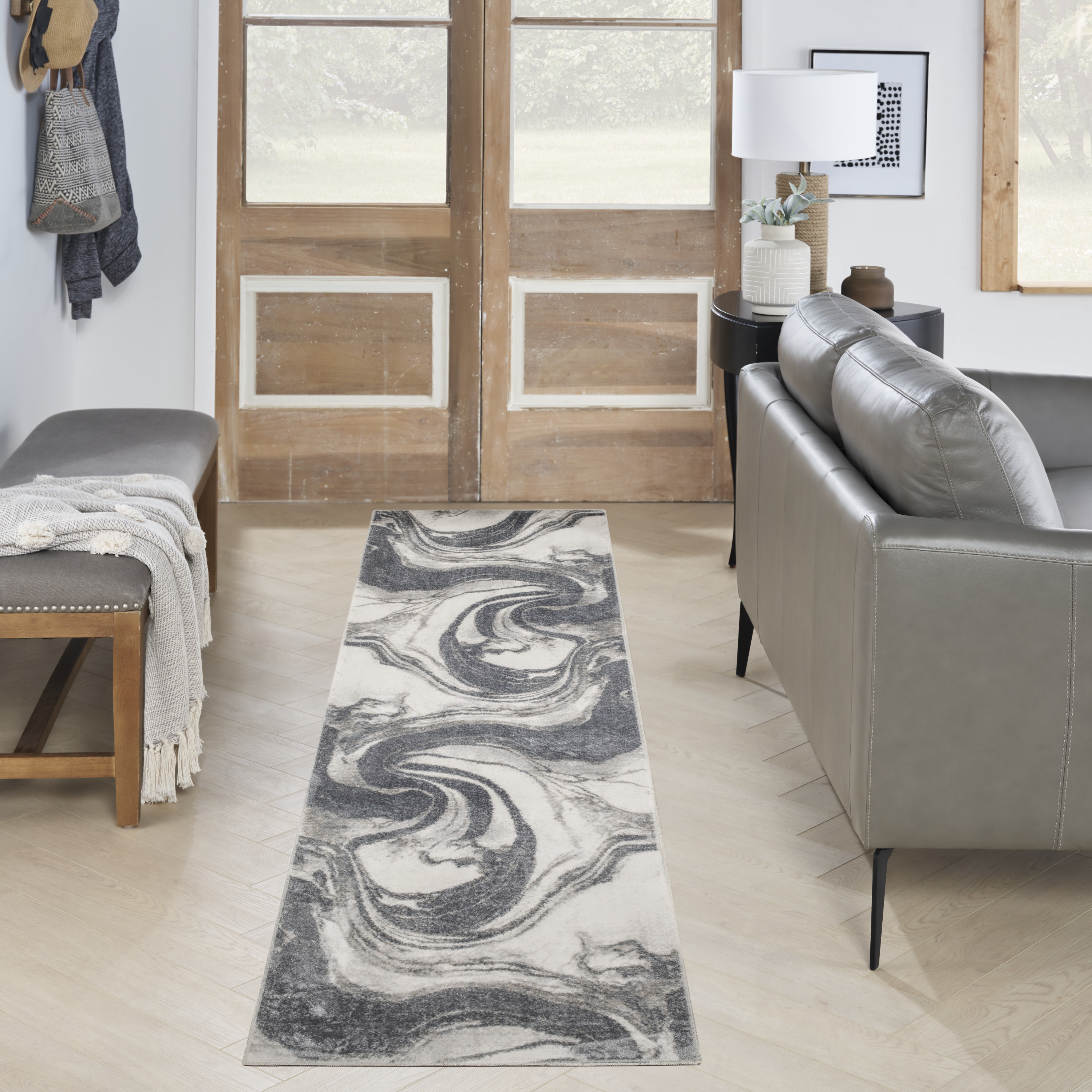 Nourison Astra Machine Washable 2'2" x 8' Ivory Grey Modern Indoor Rug