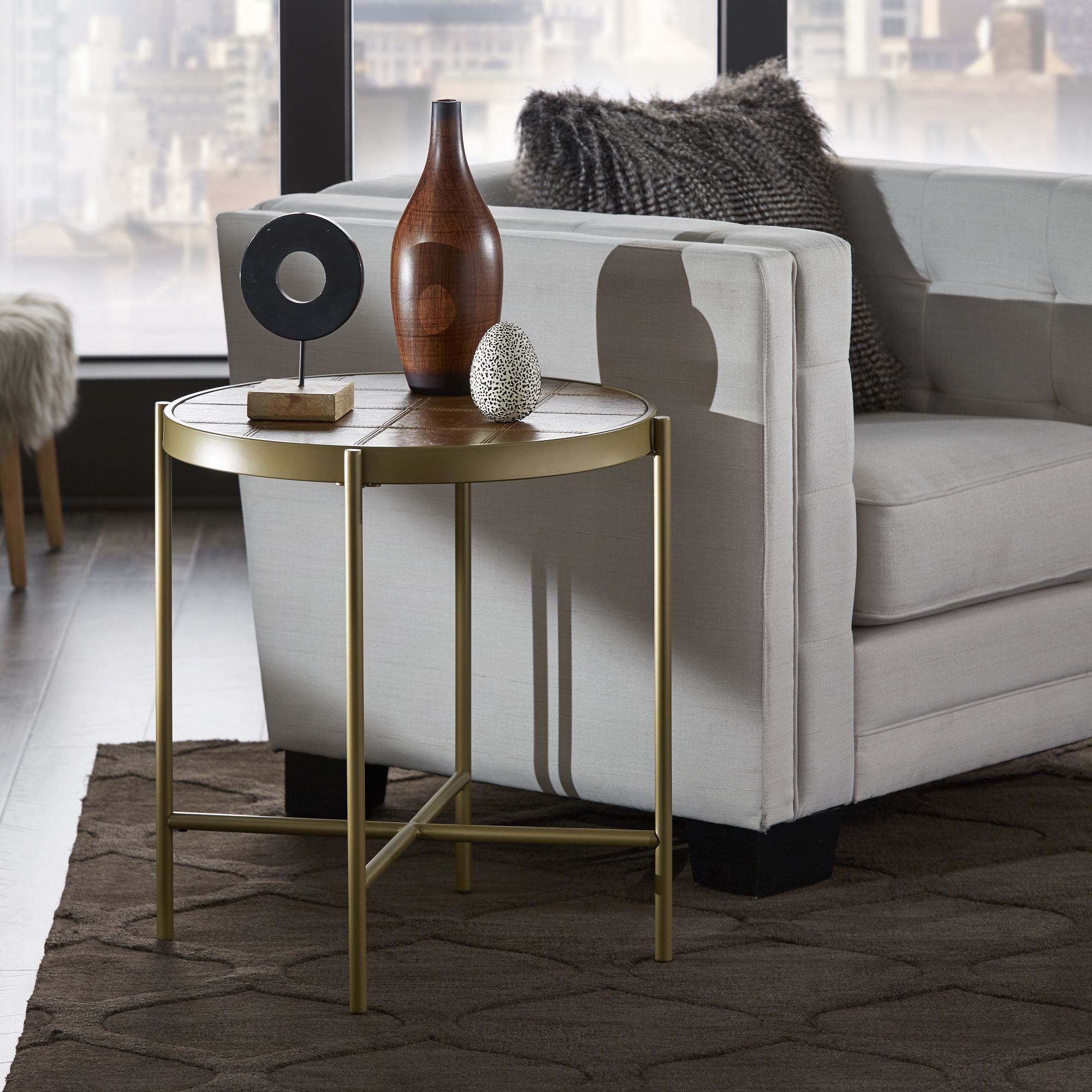 Gold Finish Metal and Brown Faux Leather End Table