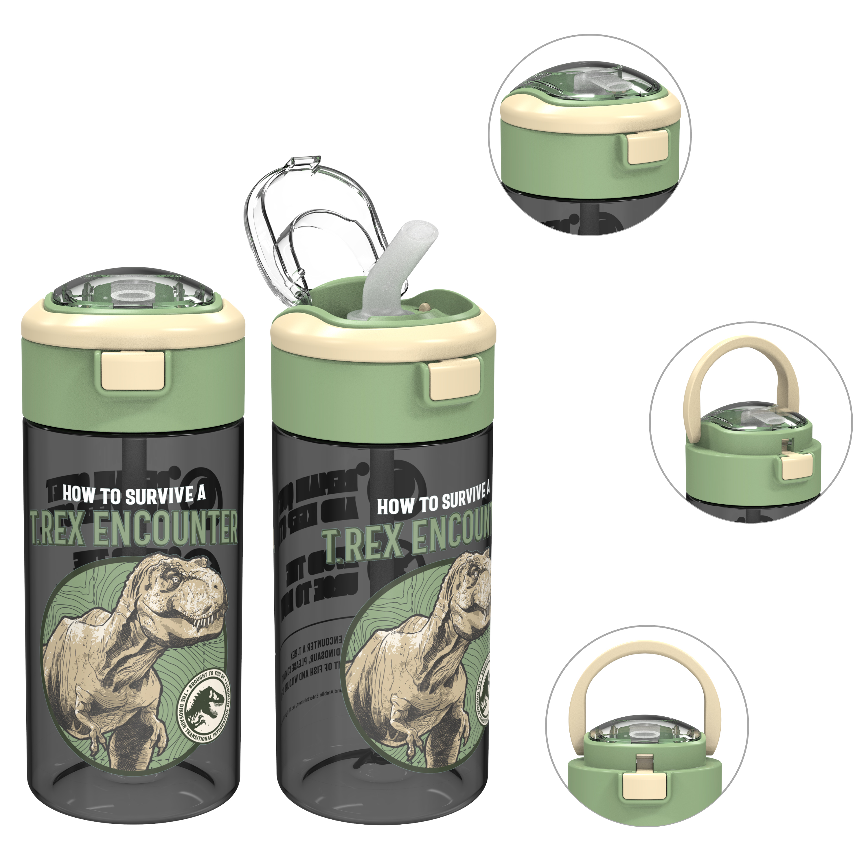Jurassic World Dominion 18 ounce Reusable Plastic Water Bottle with Push-button lid, How to Survive a T-Rex Encounter, 2-piece set slideshow image 1