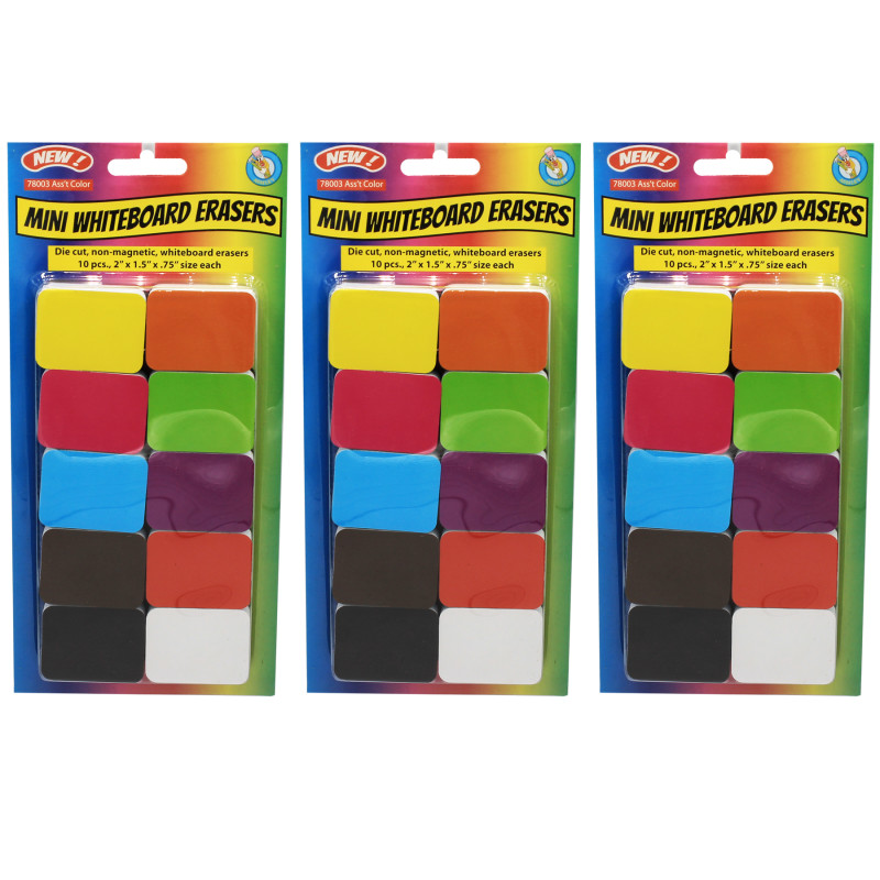 Non-Magnetic Mini Whiteboard Erasers, Assorted, 10 Per Pack, 3 Packs