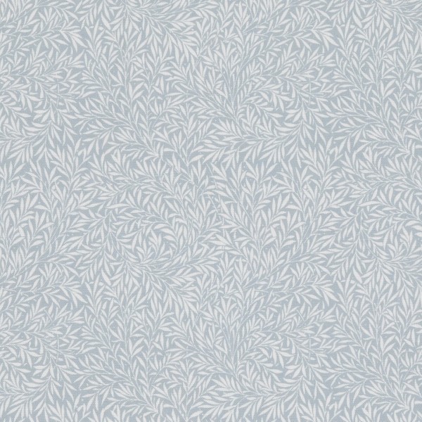 Printed wallpaper with a pale blue background and dense, swirling white leaf motif; covering a wall uniformly, producing a subtle textured, fabric-like appearance; decorative, calm interior surface.