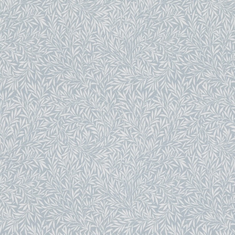 Printed wallpaper with a pale blue background and dense, swirling white leaf motif; covering a wall uniformly, producing a subtle textured, fabric-like appearance; decorative, calm interior surface.