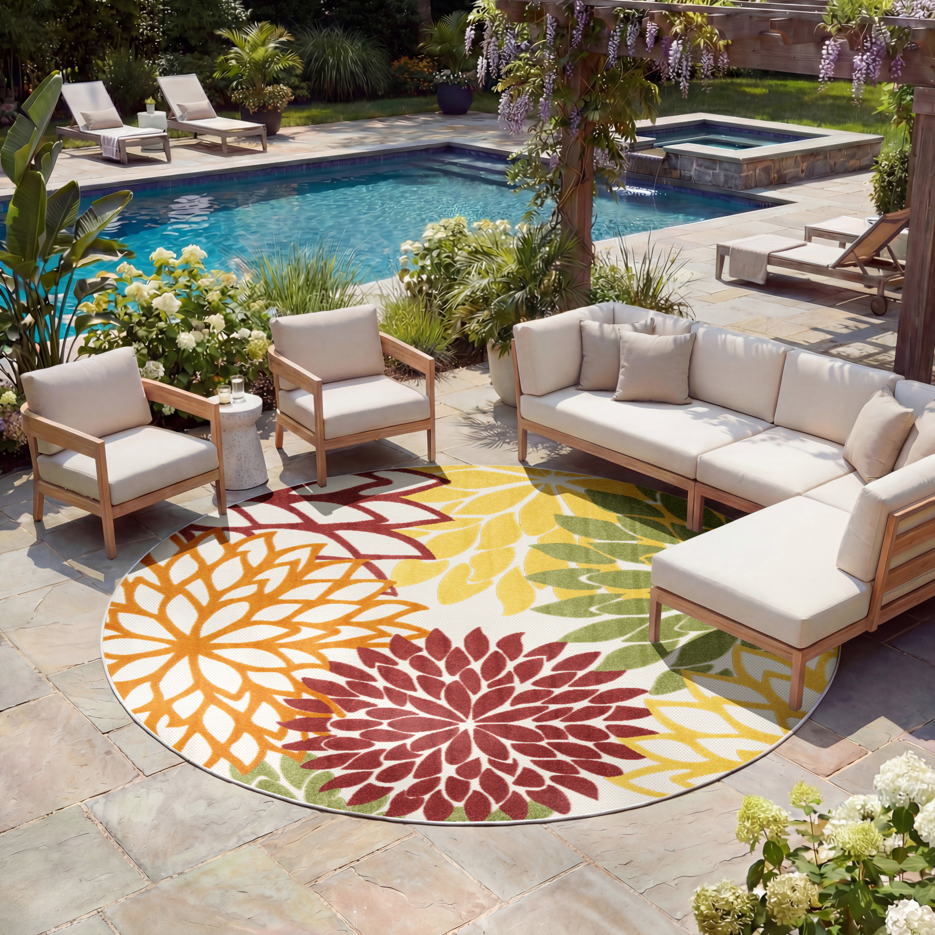 Nourison Aloha 7'10" x Round Red Multicolor Tropical Rug