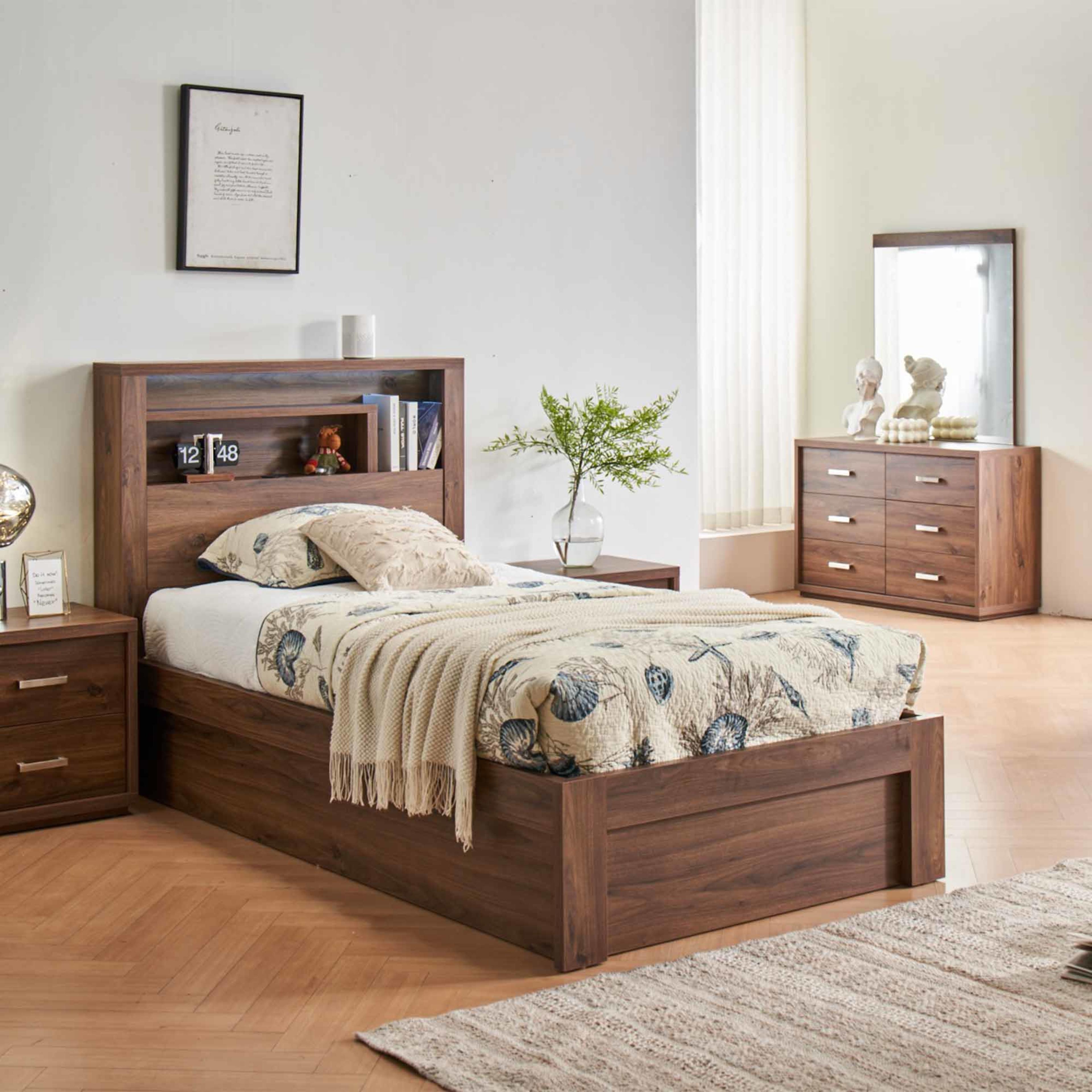 Lifestyle image of the Bellevue Bed Frame, Side Gas Lift Base, Rustic Walnut from Forty Winks