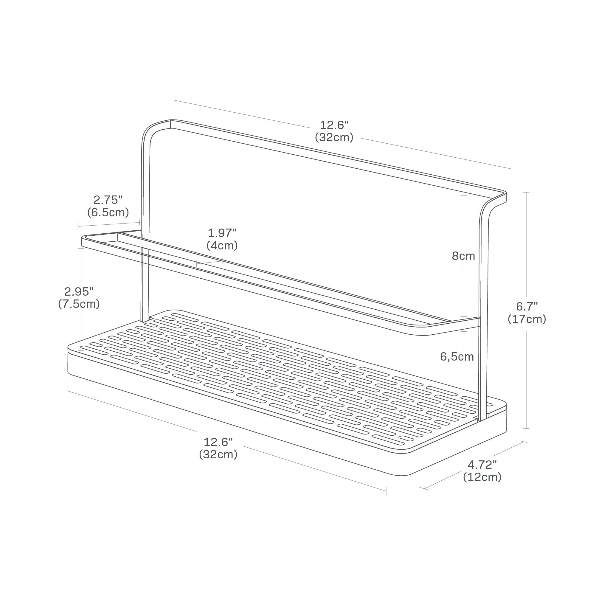Dimension image for Countertop Bottle Drying Rackon a white background showingthe length of 12.6 inches, width of 4.72 inches, and height of 6.7 inches. The holder is positioned 2.36 inches above the bottom, with the outer frame measuring 2.75 inches in width at a height of 2.95 inches. There is a space of 1.97 inches for the bar.