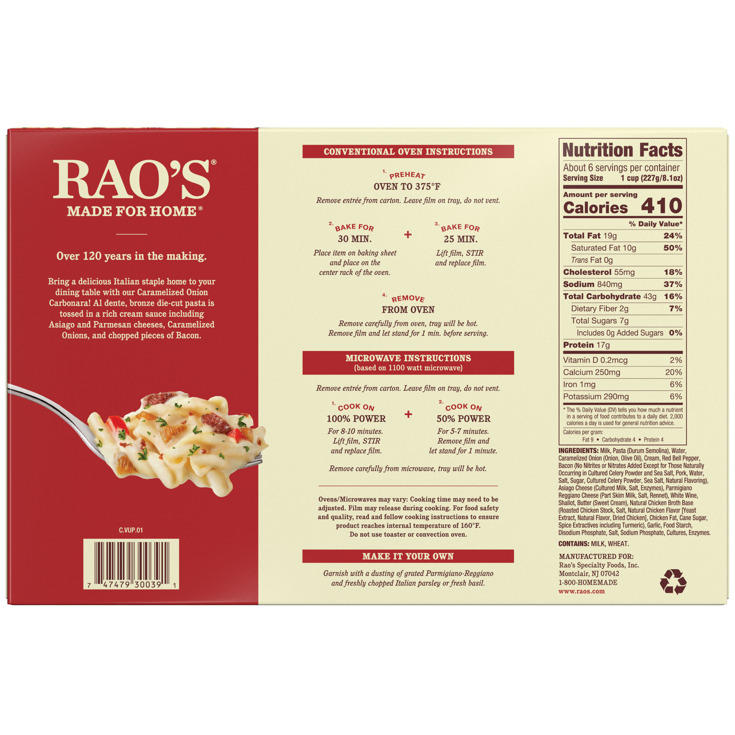 Caramelized Onion Carbonara Frozen Meal, 50 oz - Back Image