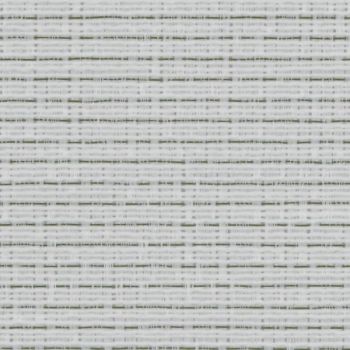 White woven roller blind, tightly closed, featuring fine horizontal and vertical fibers forming a grid with thin dark threads; filtering diffuse light in an interior close-up with no visible surroundings.