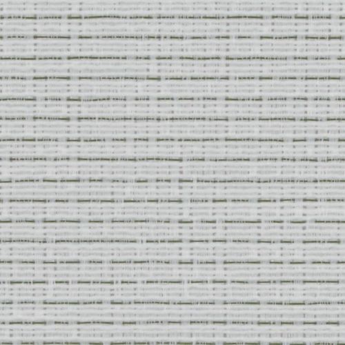 White woven roller blind, tightly closed, featuring fine horizontal and vertical fibers forming a grid with thin dark threads; filtering diffuse light in an interior close-up with no visible surroundings.