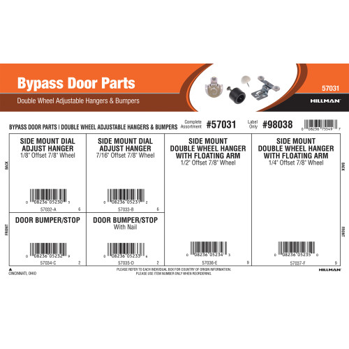 Bypass Door Parts Assortment (Double-Wheel Adjustable Hangers & Bumpers)