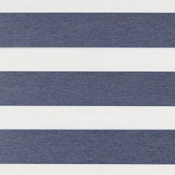Horizontal striped fabric blind with wide navy-blue textured bands alternating with white translucent bands — positioned closed to block and filter light — fills a neutral, evenly lit interior.