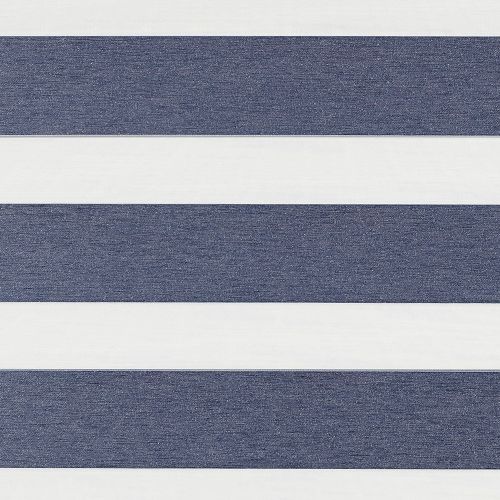 Horizontal striped fabric blind with wide navy-blue textured bands alternating with white translucent bands â€” positioned closed to block and filter light â€” fills a neutral, evenly lit interior.