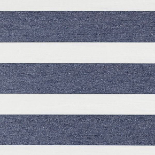 Horizontal striped fabric blind with wide navy-blue textured bands alternating with white translucent bands â€” positioned closed to block and filter light â€” fills a neutral, evenly lit interior.
