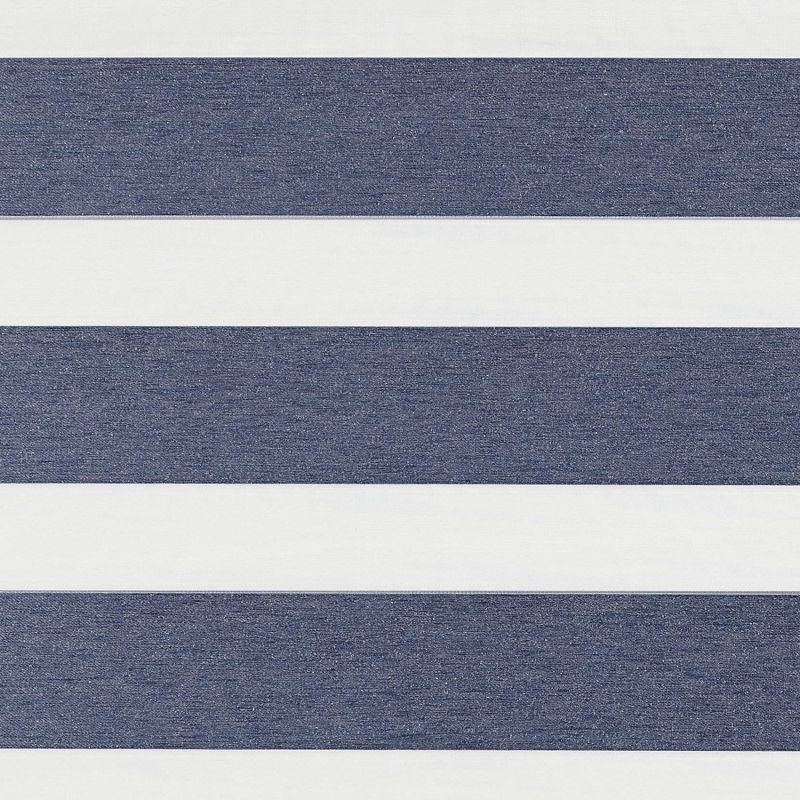 Horizontal striped fabric blind with wide navy-blue textured bands alternating with white translucent bands â€” positioned closed to block and filter light â€” fills a neutral, evenly lit interior.