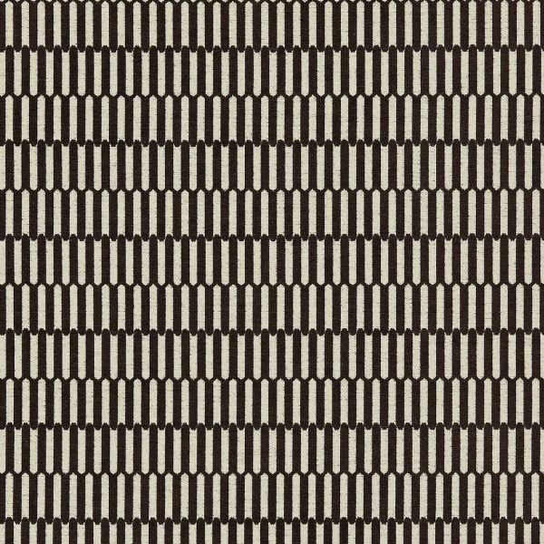 Woven textile with vertical dark-brown rounded-rectangle bars, arranged in tight repeating rows, covering a neutral beige background and creating a textured, geometric wallpaper/upholstery-like pattern.