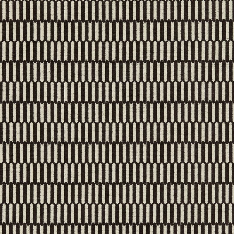 Woven textile with vertical dark-brown rounded-rectangle bars, arranged in tight repeating rows, covering a neutral beige background and creating a textured, geometric wallpaper/upholstery-like pattern.