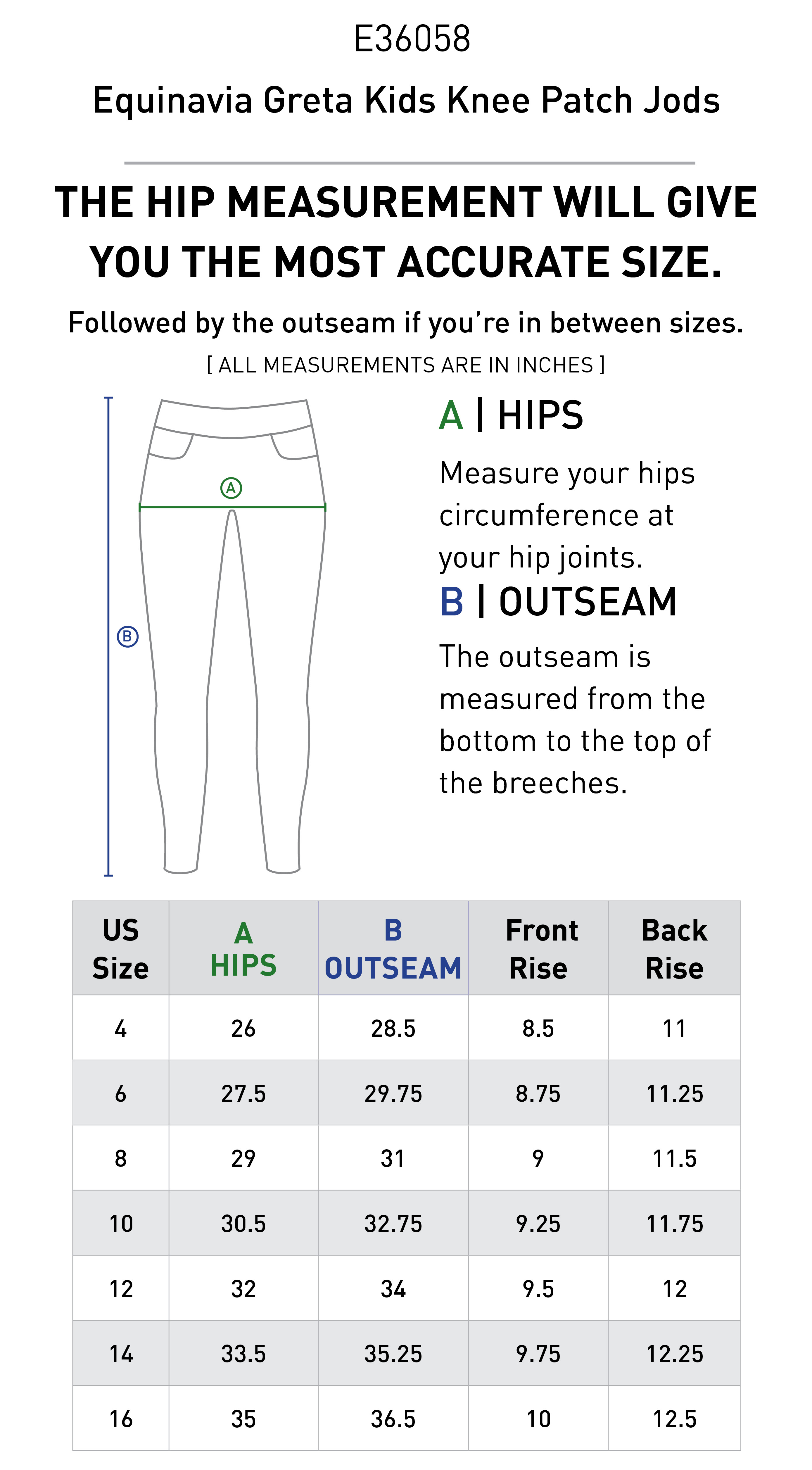 Size chart for Equinavia Greta Kids Knee Patch Jods - Tan