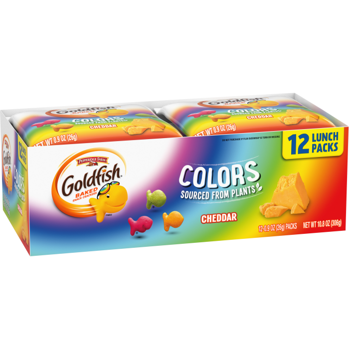 Goldfish® Colors Cheddar Crackers, 12 count box, 0.9 oz, bag - Left Angle Image