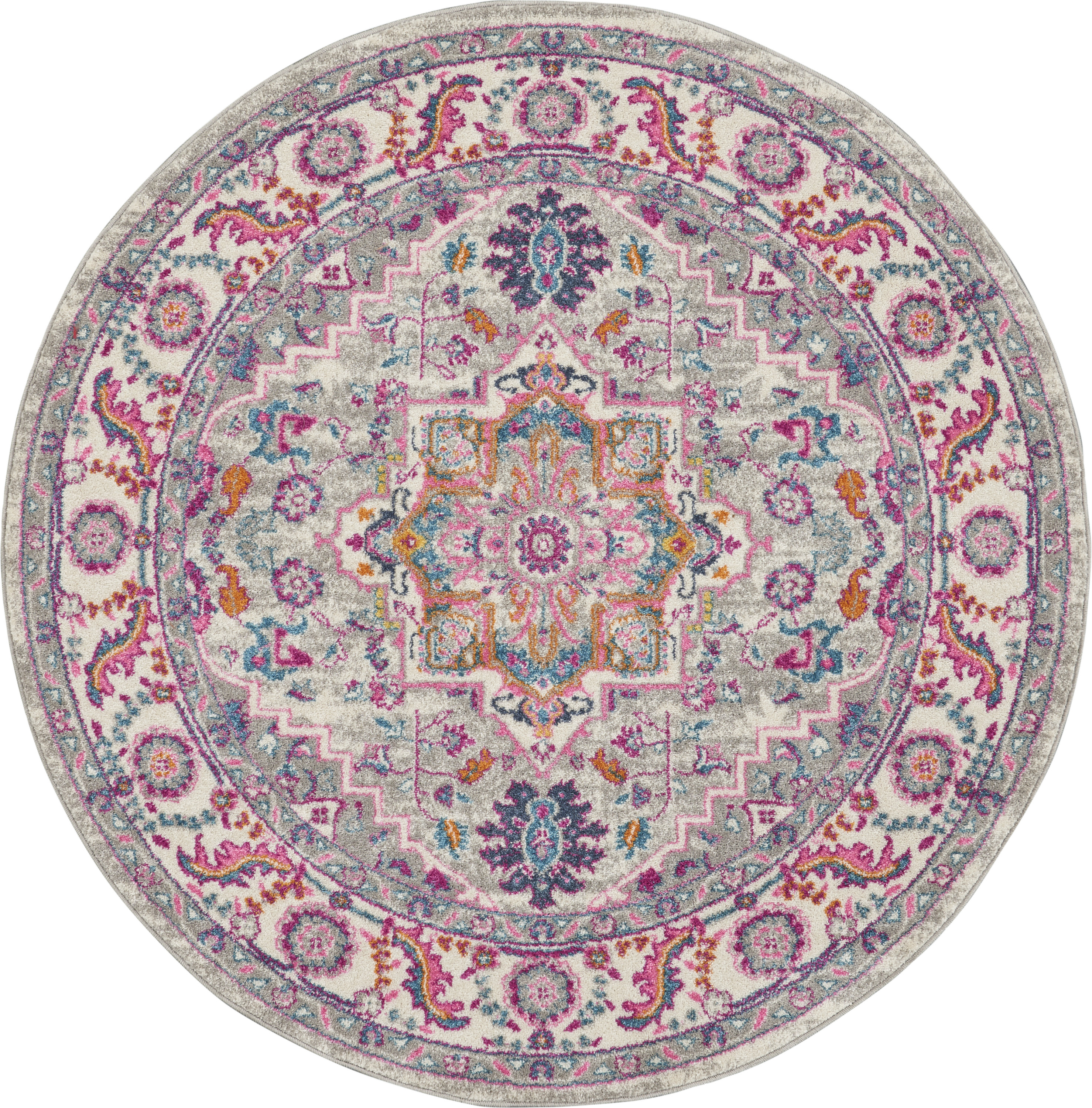 Nourison Passion 5' x Round Light Grey Pink Bohemian Indoor Rug