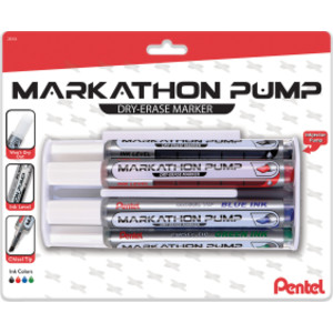 Markathon Pump Dry Erase Marker, Chisel Tip, Assorted Colors, 4-Pack with Eraser